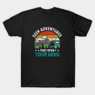 Seek adventure that open mind, outdoor camping, trekking, hiking, mountains, nature, christmas, new year eve T-Shirt